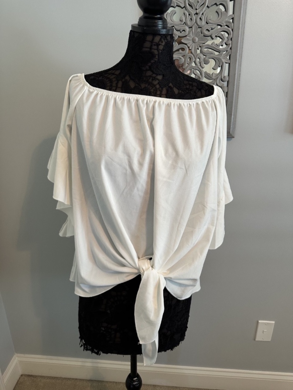 Shein tie front solid white ruffle sleeve off/on shoulder top XL